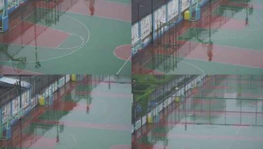 塑胶场地积水雨水雨后倒影篮球场高清在线视频素材下载