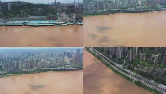 洪水过境重庆长江汛期监测航拍素材高清在线视频素材下载