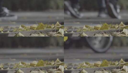 秋天银杏树叶 满地落叶 脚步 车轮 慢动作高清在线视频素材下载