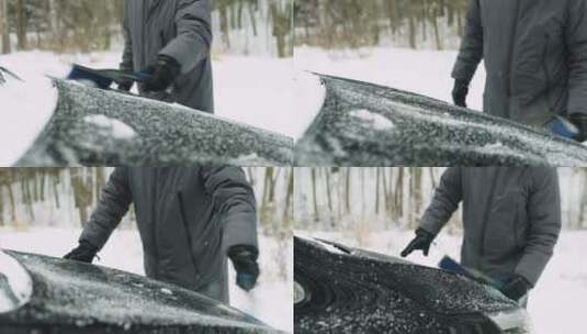 扫汽车上的雪高清在线视频素材下载