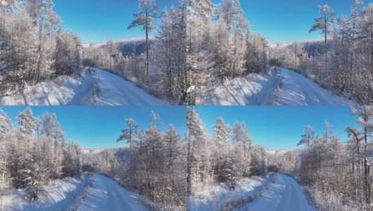 航拍林海雪原雪林山路高清在线视频素材下载