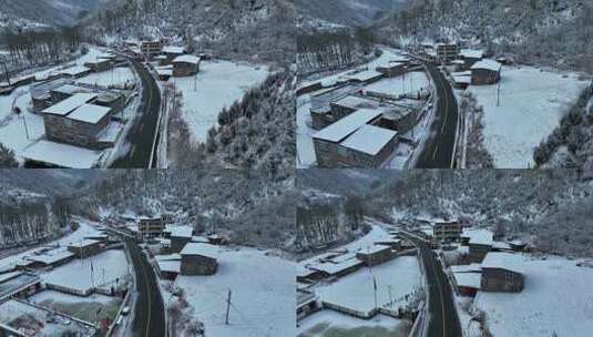 航拍阿坝四姑娘山双桥沟景区雪后乡村风光高清在线视频素材下载