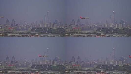 实拍上海城市陆家嘴飞机飞过城市高清在线视频素材下载