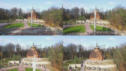 乌克兰城市Rivne。古比村古老的东正教木制教堂高清在线视频素材下载