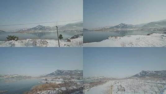 威海冬季雪景雪山行驶的车窗外风景8k视频高清在线视频素材下载