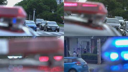 警车警灯映衬下的道路车流高清在线视频素材下载