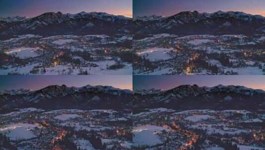 冬日雪山下的山村高清在线视频素材下载