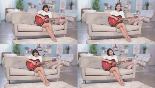 美女在家弹吉他高清在线视频素材下载