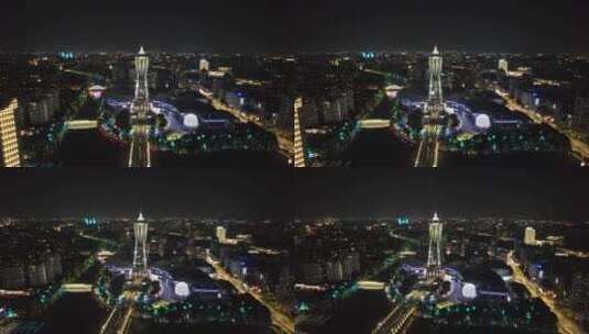 浙江杭州西湖广场夜景灯光航拍高清在线视频素材下载