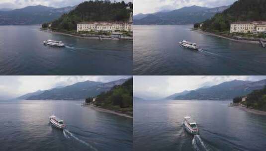 渡船在科莫湖水面上行驶，美丽的阿尔卑斯山背景，天线高清在线视频素材下载