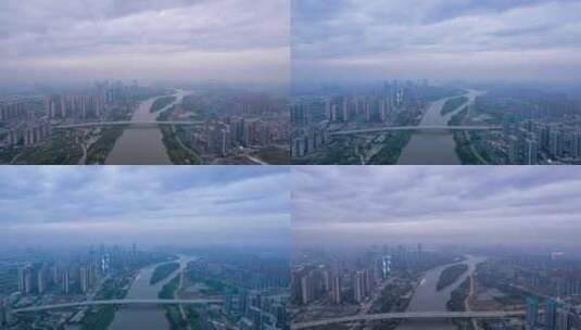 佛山新城建筑群信保广场东平河两岸华阳大桥高清在线视频素材下载