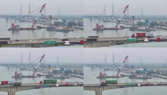 中国广东省广州市南沙区下横沥水道沉船打捞高清在线视频素材下载