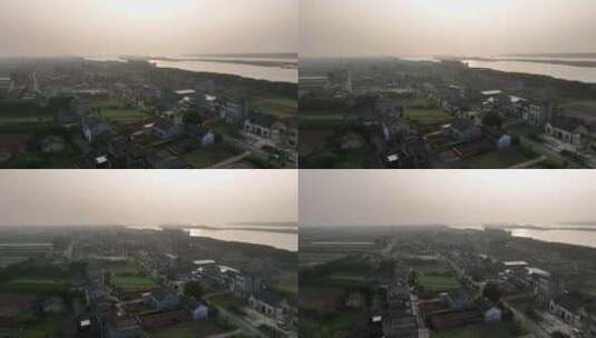 航拍清晨长江边古村落高清在线视频素材下载