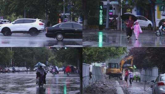 雨天行人小朋友上学4k高清在线视频素材下载