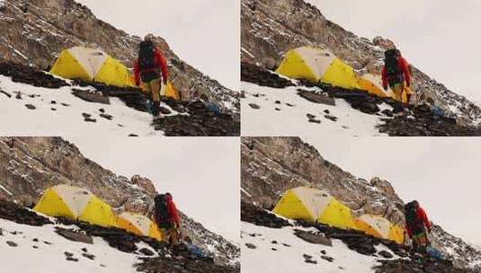 攀登岷山山脉雪宝顶雪山的登山者抵达大本营高清在线视频素材下载