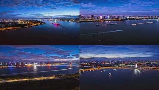 城市河流夜景航拍全景高清在线视频素材下载