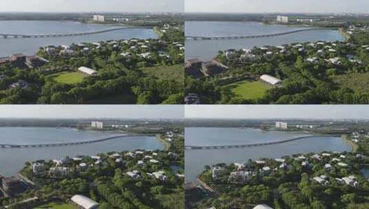 上海青浦淀山湖湖边别墅自然风光航拍高清在线视频素材下载