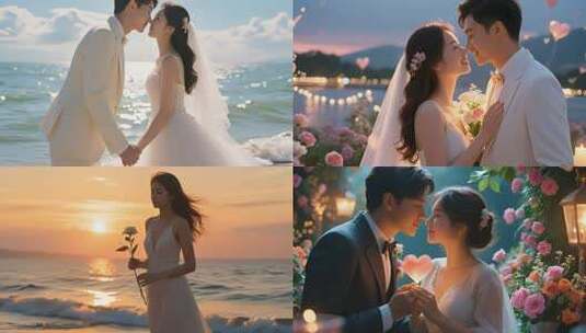 浪漫海边婚纱照夕阳下的甜蜜情侣高清在线视频素材下载