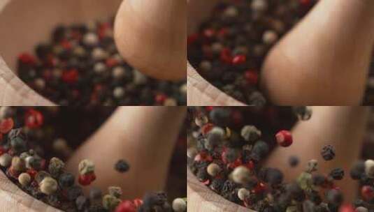 砂浆和杵在捣胡椒粒的慢镜头高清在线视频素材下载