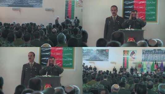 阿富汗政府和军方官员在一个大礼堂祈祷演讲高清在线视频素材下载