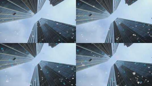 仰望商务区高楼大厦玻璃幕墙特效元宇宙连线高清在线视频素材下载