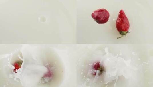 慢镜头特写拍摄新鲜爆浆草莓落入牛奶创意视频高清在线视频素材下载