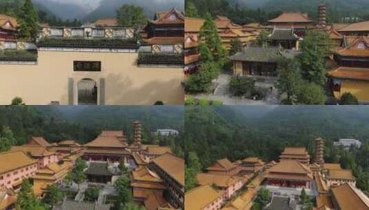 航拍杭州临安西天目山禅源寺逐渐升高角度高清在线视频素材下载