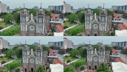 芜湖天主教堂航拍4K城市地标夏天宣传片高清在线视频素材下载