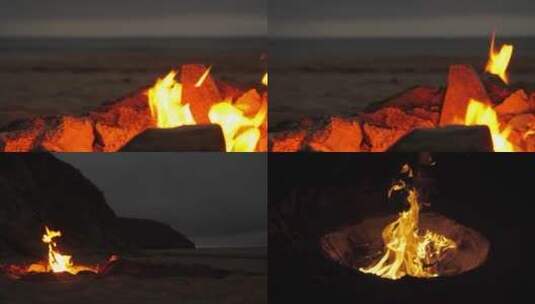 沙滩上野外篝火燃烧高清在线视频素材下载