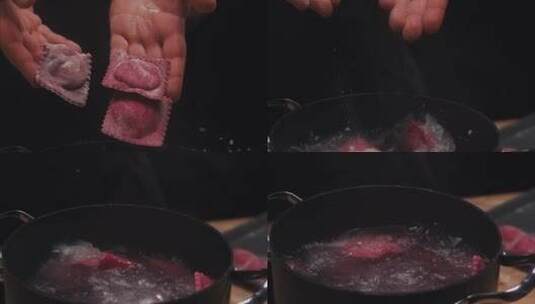 厨师把甜菜混沌放入锅中的慢镜头高清在线视频素材下载