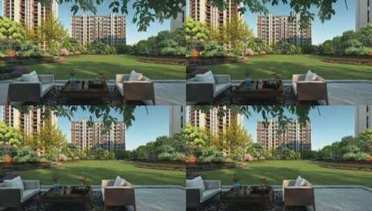 住宅小区中央草坪景观三维动画高清在线视频素材下载