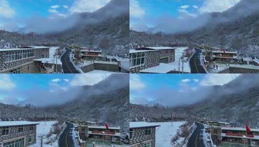 航拍阿坝四姑娘山双桥沟景区雪后藏族村庄高清在线视频素材下载