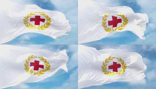 蓝天下红十字会旗帜飘扬高清在线视频素材下载