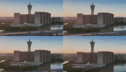竖屏航拍广州塔和交通高清在线视频素材下载