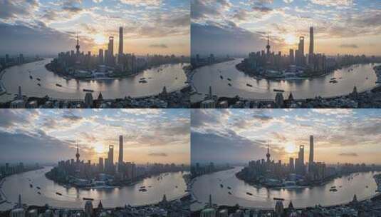 上海陆家嘴日出金光鸟瞰上海地标航拍延时高清在线视频素材下载