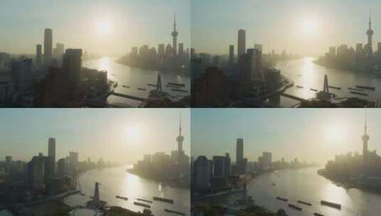 早晨黄浦江两侧的标志性建筑高清在线视频素材下载