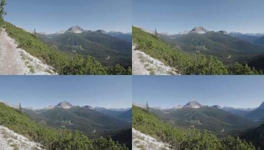 多洛米蒂山脉的森林山谷。意大利多洛米蒂阿尔卑斯山贝洛诺省多洛米蒂阿尔卑斯山高清在线视频素材下载