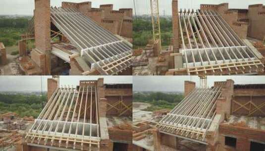 木制屋顶结构正在施工中高清在线视频素材下载