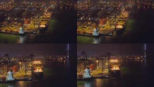航拍夜晚繁忙的物流港口高清在线视频素材下载