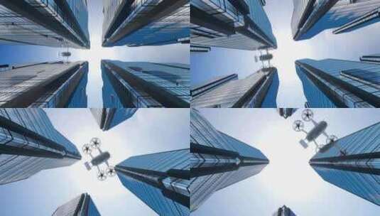 无人机在摩天大楼之间飞行高清在线视频素材下载