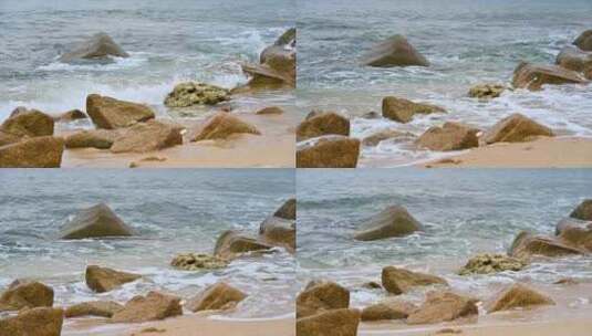 海南三亚海边沙滩海浪拍打礁石高清在线视频素材下载