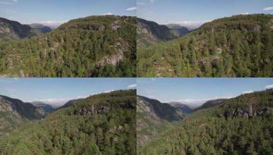 空中拍摄，平移穿过挪威一个树木覆盖的山顶高清在线视频素材下载