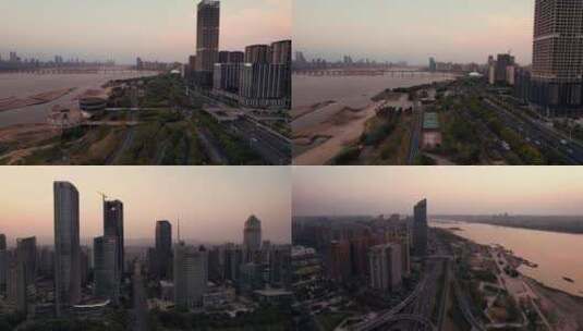 夕阳中的南昌城市风光航拍高清在线视频素材下载