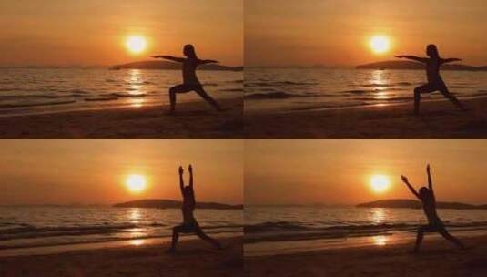 女子日落海滩练习瑜伽高清在线视频素材下载