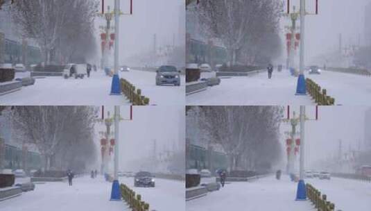 4k北方城市下大雪人行道上的行人高清在线视频素材下载