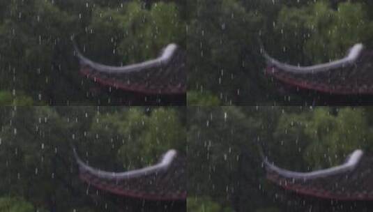 夏季雨中中式园林庭院屋檐雨滴高清在线视频素材下载