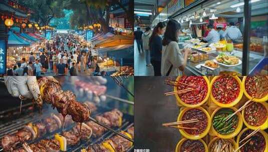 城市夜市烧烤小吃美食街夜生活小吃夜景ai高清在线视频素材下载