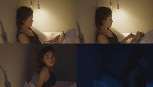 妇女在床上睡觉后关灯高清在线视频素材下载