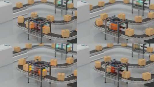 传送带上接受检测的包装箱3D渲染高清在线视频素材下载