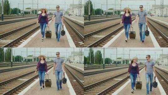 夫妻在站台上行走高清在线视频素材下载